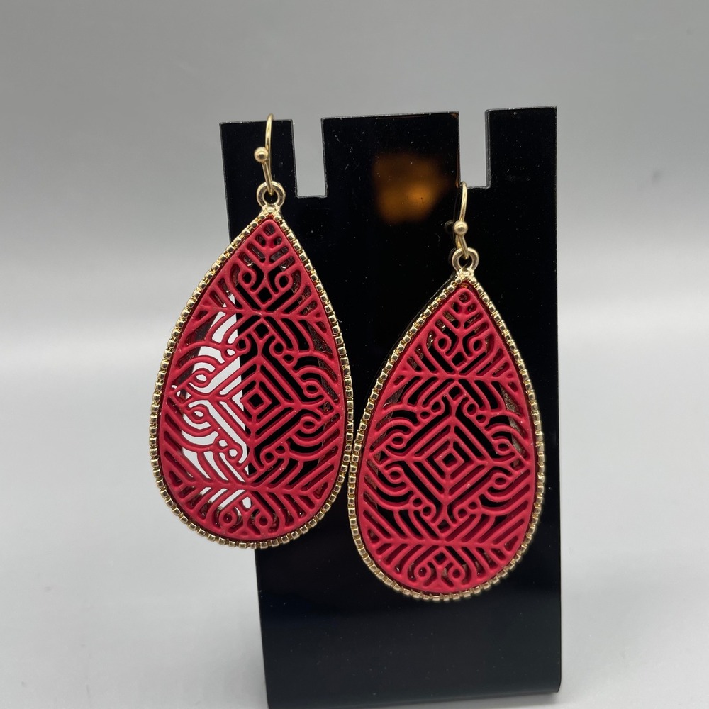 Red Filigree Teardrop Earrings Gold Tone Boho Geometric Statement Dangle Hook